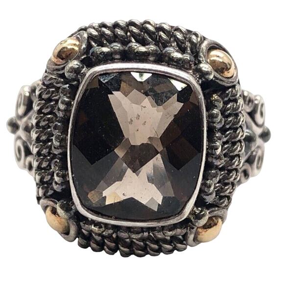 Vintage 18k Yellow Gold Sterling Silver Ring 925 Size 9 Smokey Quartz Bali BA - Picture 1 of 12